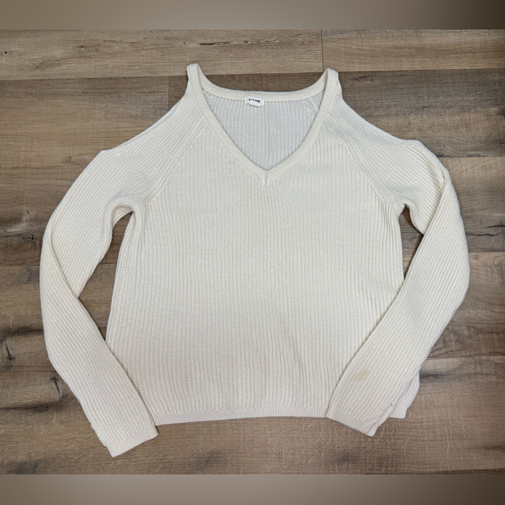 Garage Open Shoulder Cream V-Neck Sweater with Ribbed Knit